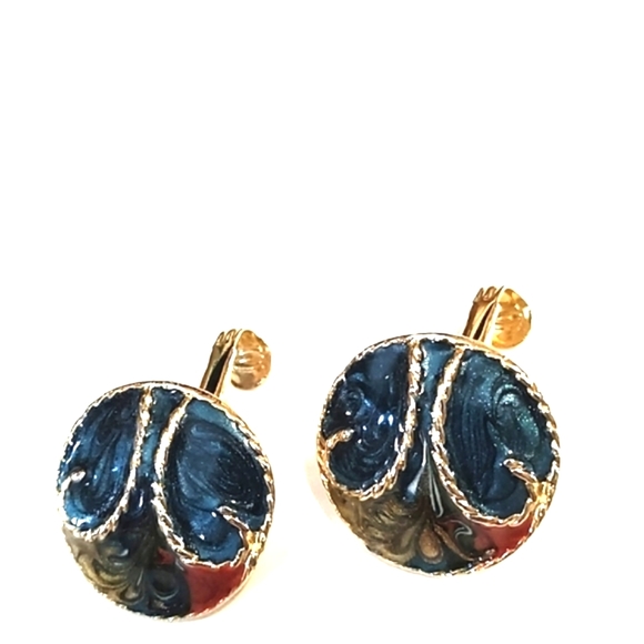 SUMMER SALE! 70s GOLD-TONE MULTICOLORED WESTERN HORN ENAMEL 3/4"CLIP-ON EARRINGS - Picture 3 of 9